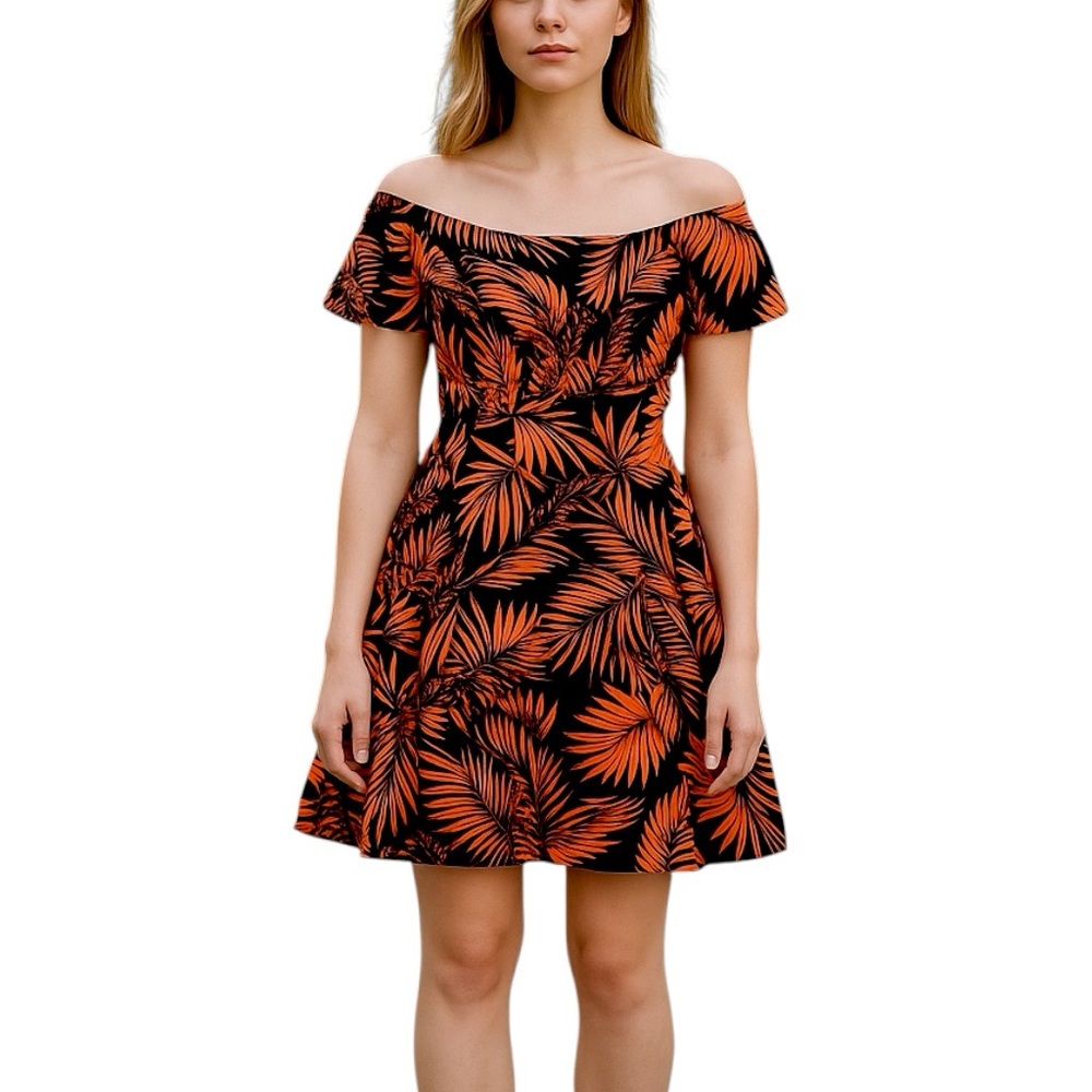 ZARA Dress Womens S Orange Black Palm Print Skater Off Shoulder Neoprene Scuba